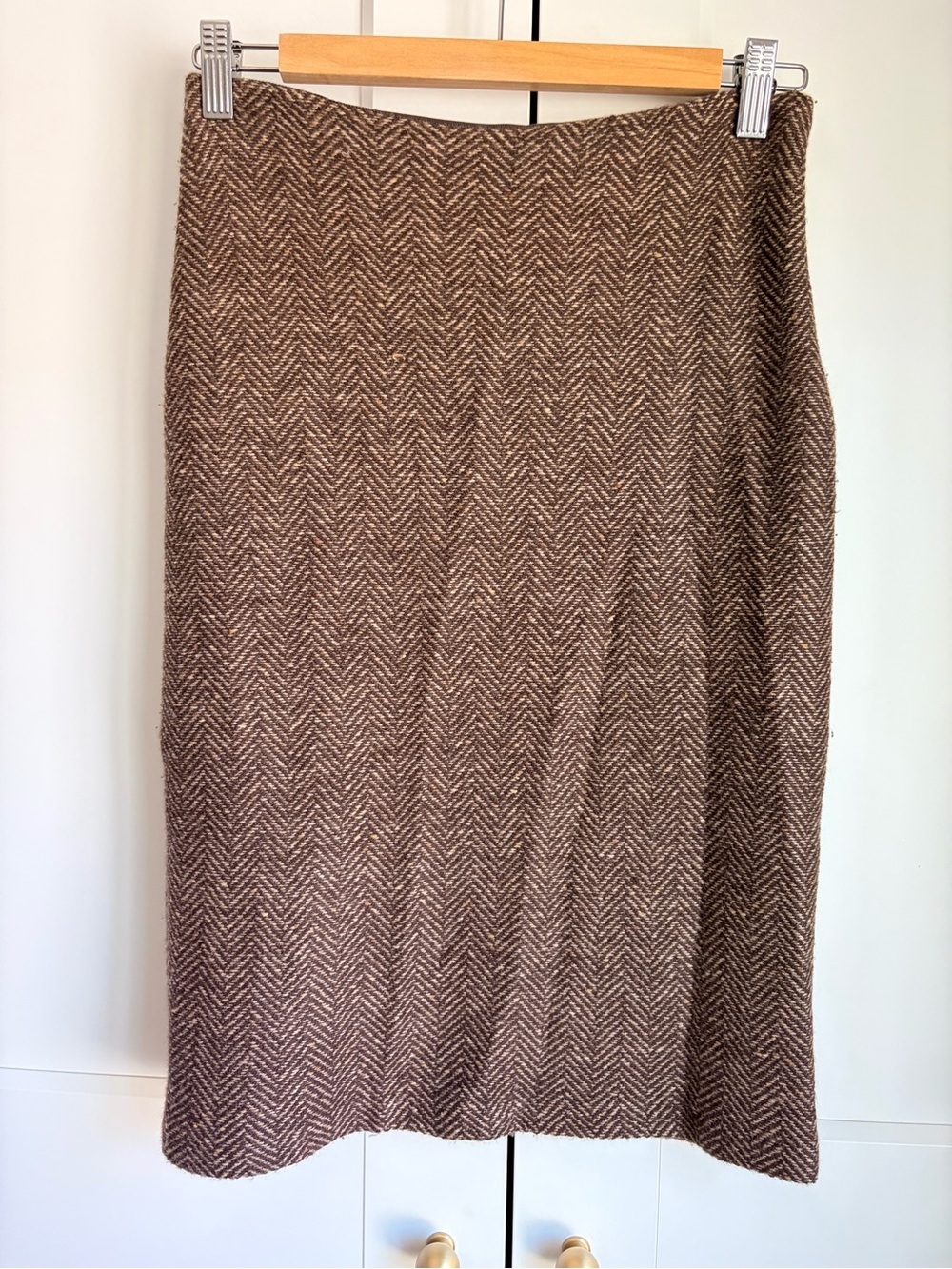 Ralph Lauren Black Label Brown Cashmere Herringbone Midi Skirt | XS